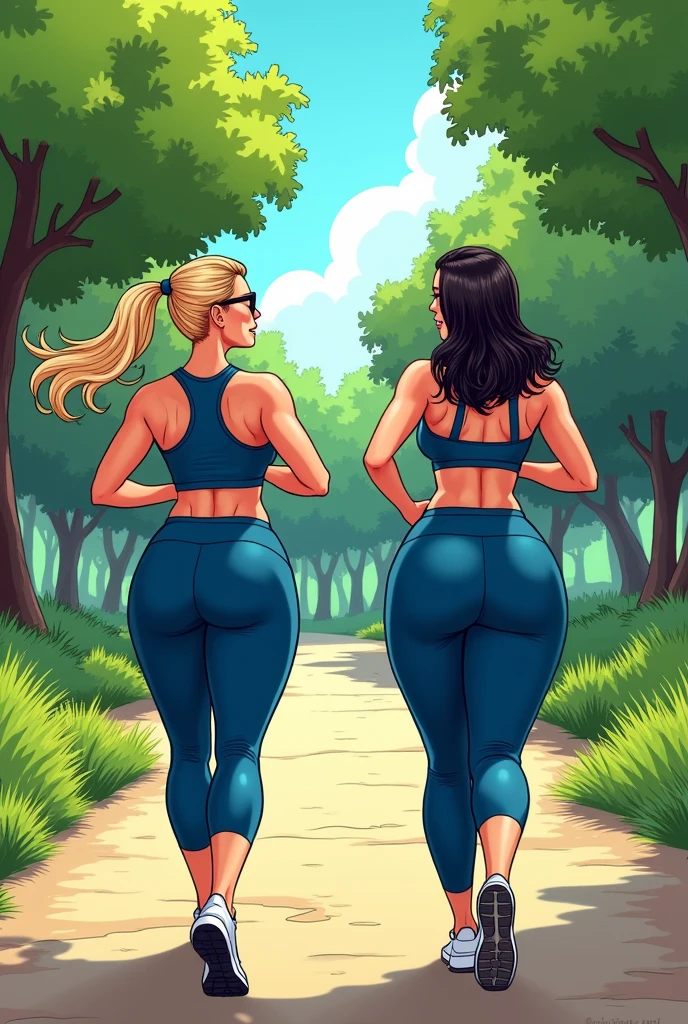 A blonde woman with curly hair tied back and glasses, culona, big boobs, blue tank top, Pink tight sports mini shorts running in a park with her black haired friend with white skin in blue sportswear with a big butt and toned abdomen and mega busty E cup breasts, both talking in comic book format
