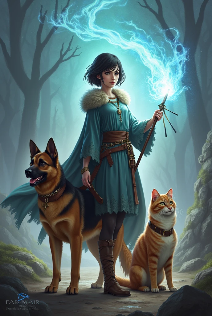 {
"size": "1024x1024",
"prompt": "A powerful 18-year-old girl standing confidently, holding a glowing magic stick in her hand. She has a determined expression, with short hair and is dressed in a fantasy-inspired outfit. A loyal German Shepherd dog stands by her side, and a small cat sits near her feet. The background features a mystical landscape with swirling magical energy around them, emphasizing her strength and magical companions."
}
```