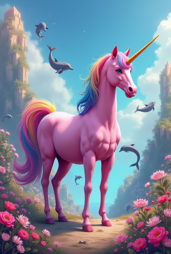 Striking unicorn with a cute landscape and lots of rainbows and its body is pink and rainbow hair and another and the landscape has lots of striking dolphins and lots of flowers and everything that draws attention and is very beautiful