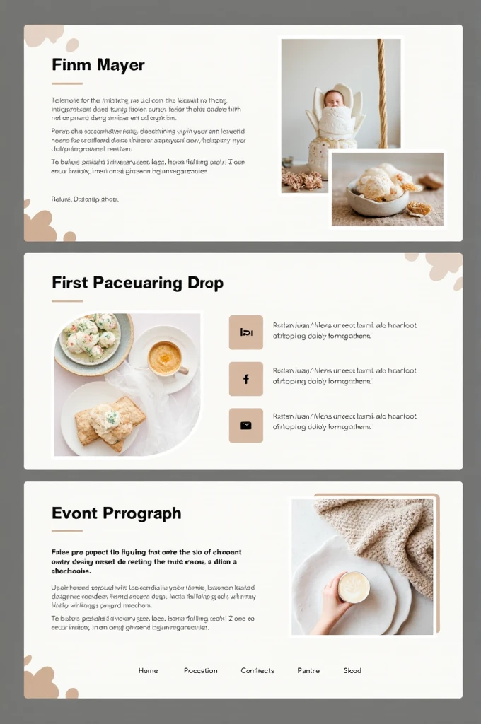 A slide,with 3 subthemes with photographs and paragraphs, the first subtheme, the top one will have the paragraph on the left side and the photograph on the right side. The second subtheme,the middle one will have the photograph on the left side and the paragraph on the right side.the last subtheme,the bottom one,will have the paragraph on the left side and the photograph on the right side