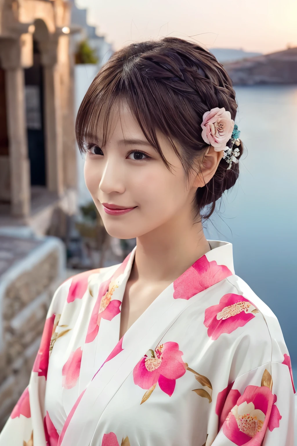 1 person, (Wearing a pink floral kimono.:1.2), Very beautiful Japanese idol portraits, 
(RAW Photos, Highest quality), (Realistic, Realistic:1.4), (masterpiece), 
Very delicate and beautiful, Very detailed, 2k wallpaper, wonderful, finely, Very detailed CG Unity 8k 壁紙, Very detailed, High resolution, Soft Light, 
Beautiful details, Very detailed目と顔, Beautiful and sophisticated nose, Beautiful and beautiful eyes, Cinema Lighting, 
(Commemorative photo on Santorini Island:1.3), (White Building), (blue sky), (Church bells), (Aegean Sea),
(Japanese hairstyle), (Tie your hair at the back:1.3), (bangs), (hairpin), 
Complete Anatomy, Slender body, Small breasts, smile