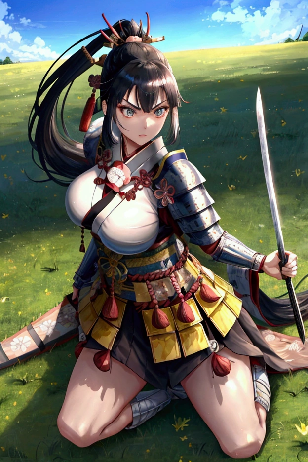 (Japanese women)、(Warrior Princess)、(Goddess of War)、(Black Hair)、(ponytail)、((Old Japanese Armor))、((Holding the Japan sword))、((On all fours))、、(True to prompts)、(Deluxe)、(Glaring with sharp eyes)、(Super big breasts),(battlefield)、(grassland)、((A large number of soldiers))、(sunny)、(blue sky)、(Best lighting)、{{{Browsing Caution}}}、{{{masterpiece}}}, {{{Highest quality}}}, {{ultra-detailed}}, {{shape}}, {{{Very delicate and beautiful}}},{{extremely detailed CG}}、{{unity 8k portrait}}、{{Fabric Shading}}、{{super detailed skin}}、{{Perfect Anatomy}}、{{detailed}}、{{Dynamic Lighting}}、{{{beautiful detailed eyes}}}、{{{beautiful detailed Face}}}、(Perfect Legs)、(Perfect breasts)、(Perfect pose)、(Perfect body)