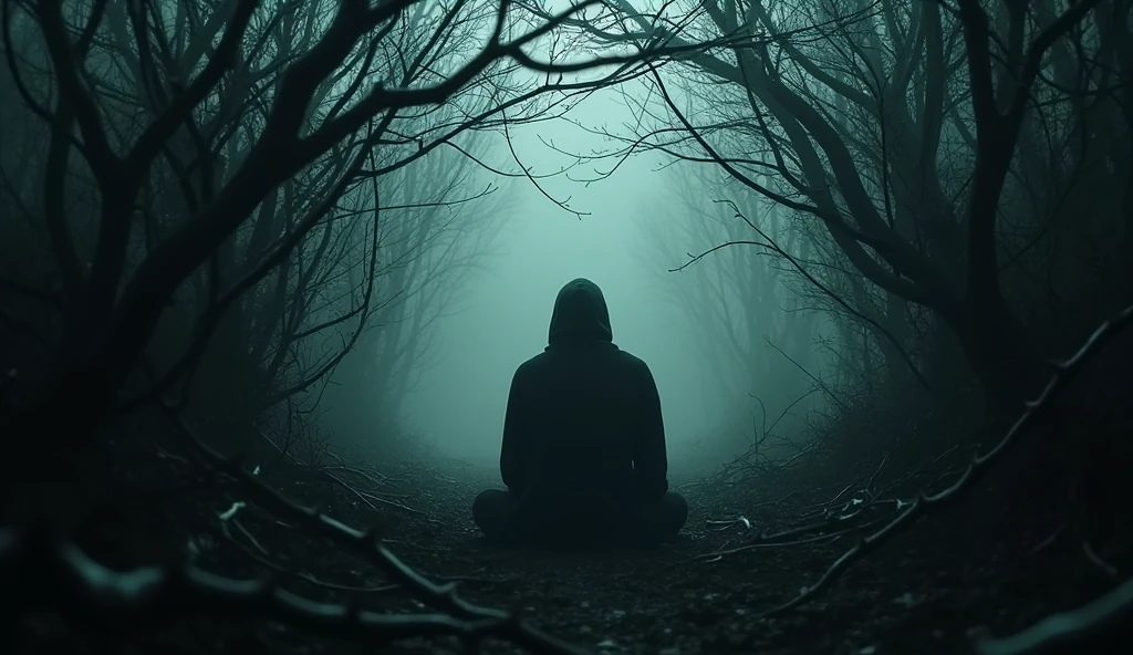 "A person sitting alone, surrounded by dark, thorny vines that represent the worries of life, their light dimmed, ar 16:9"
