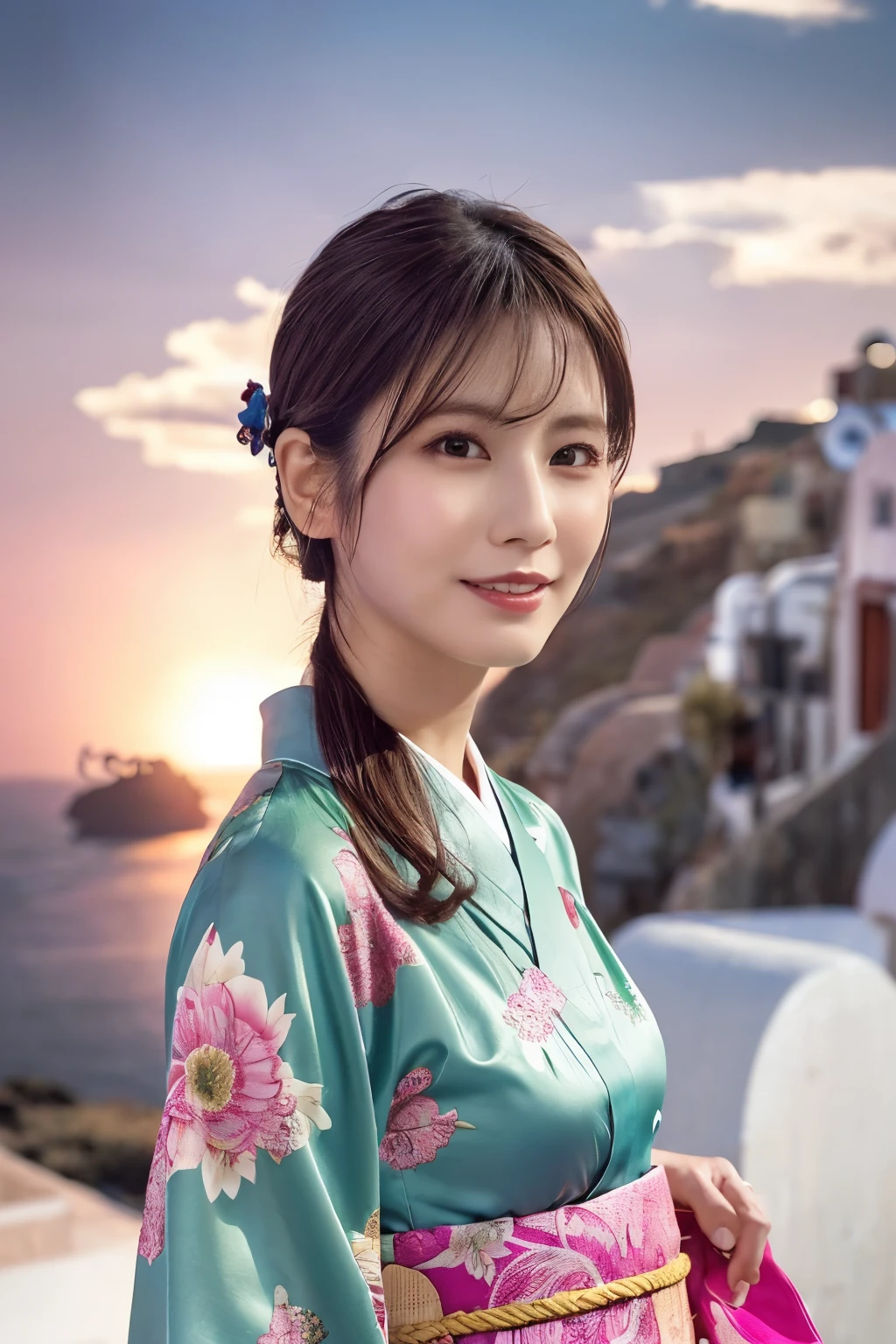 1 person, (Wearing a pink floral kimono.:1.2), Very beautiful Japanese idol portraits, 
(RAW Photos, Highest quality), (Realistic, Realistic:1.4), (masterpiece), 
Very delicate and beautiful, Very detailed, 2k wallpaper, wonderful, finely, Very detailed CG Unity 8k 壁紙, Very detailed, High resolution, Soft Light, 
Beautiful details, Very detailed目と顔, Beautiful and sophisticated nose, Beautiful and beautiful eyes, Cinema Lighting, 
(Commemorative photo on Santorini Island:1.3), (White Building, blue sky, Church bells, Aegean Sea as background)
(Japanese hairstyle), (Tie your hair at the back:1.3), (bangs), (hairpin), 
Complete Anatomy, Slender body, Small breasts, smile