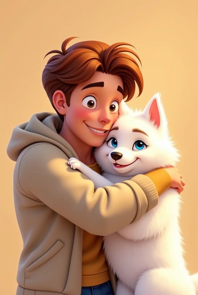 Create a Disney-style cartoon image of a young man () Chestnut hugging a small totally WHITE husky with blue eyes with a beige background That same image but make the white husky without any other color