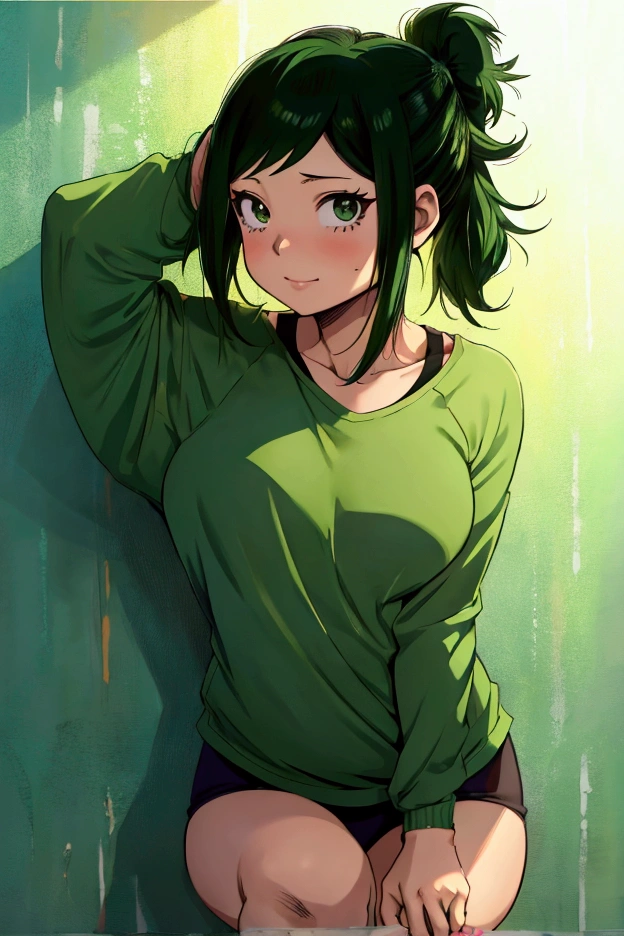 (inko midoriya),(BNHA),(young she is slim, pretty, and young woman who has short green hair with a ponytail on the left side.)