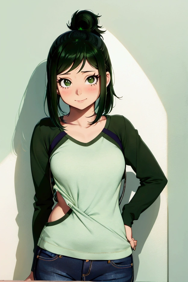 (inko midoriya),(BNHA),(young she is slim, pretty, and young woman who has short green hair with a ponytail on the left side.)