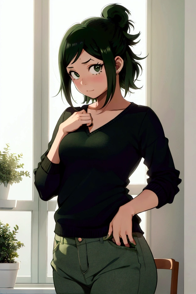 (inko midoriya),(BNHA),(young she is slim, pretty, and young woman who has short green hair with a ponytail on the left side.)