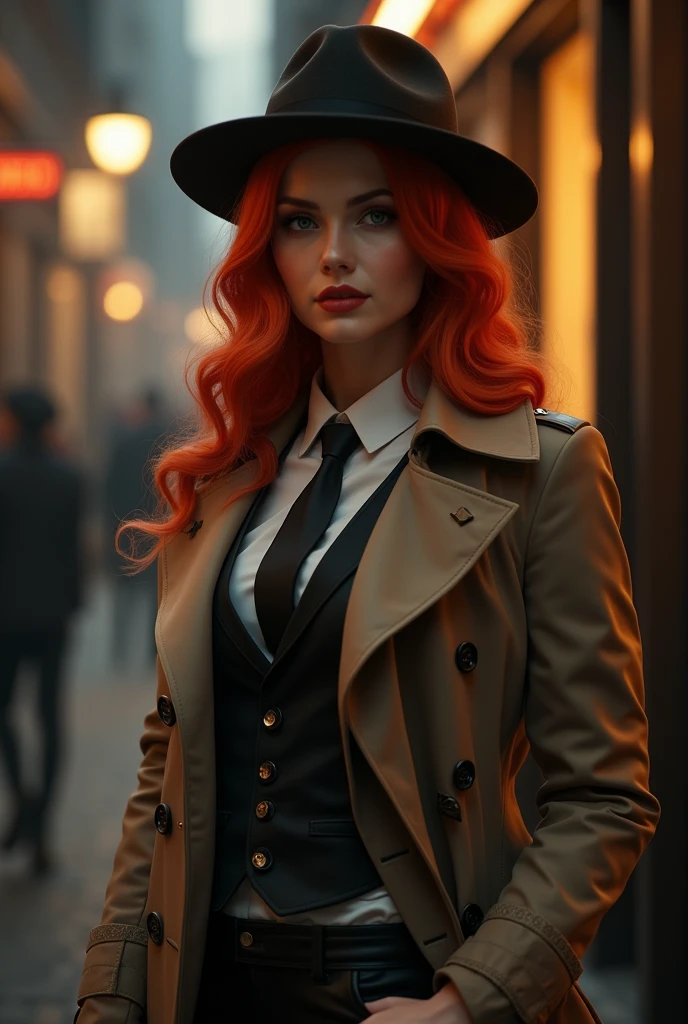 1920s hardboiled detective, striking red hair styled in soft waves, tailored trench coat suit tie and a fedora, sharp no-nonsense attitude, pinup, full body shot, standing, sexy, seductive