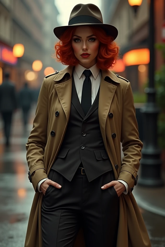 1920s hardboiled detective, striking red hair styled in soft waves, tailored trench coat suit tie and a fedora, sharp no-nonsense attitude, pinup, full body shot, standing, sexy, seductive