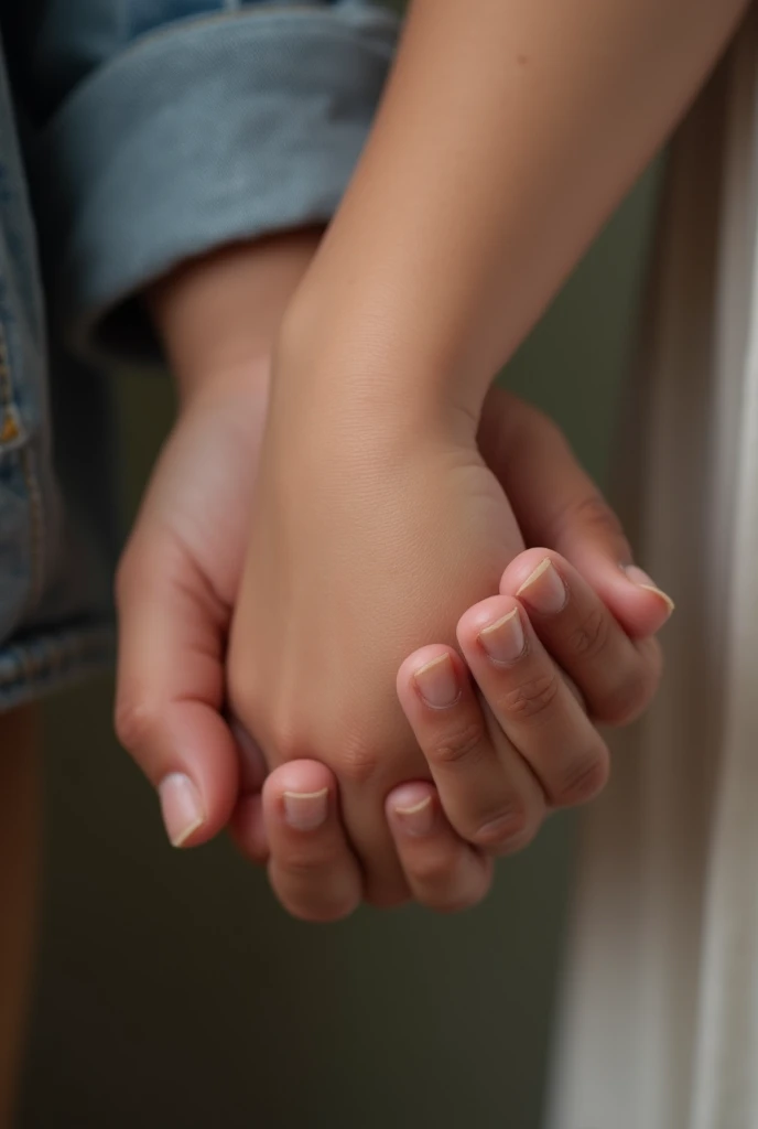 A boy with fatty hand holding a girls white hand only hand picture