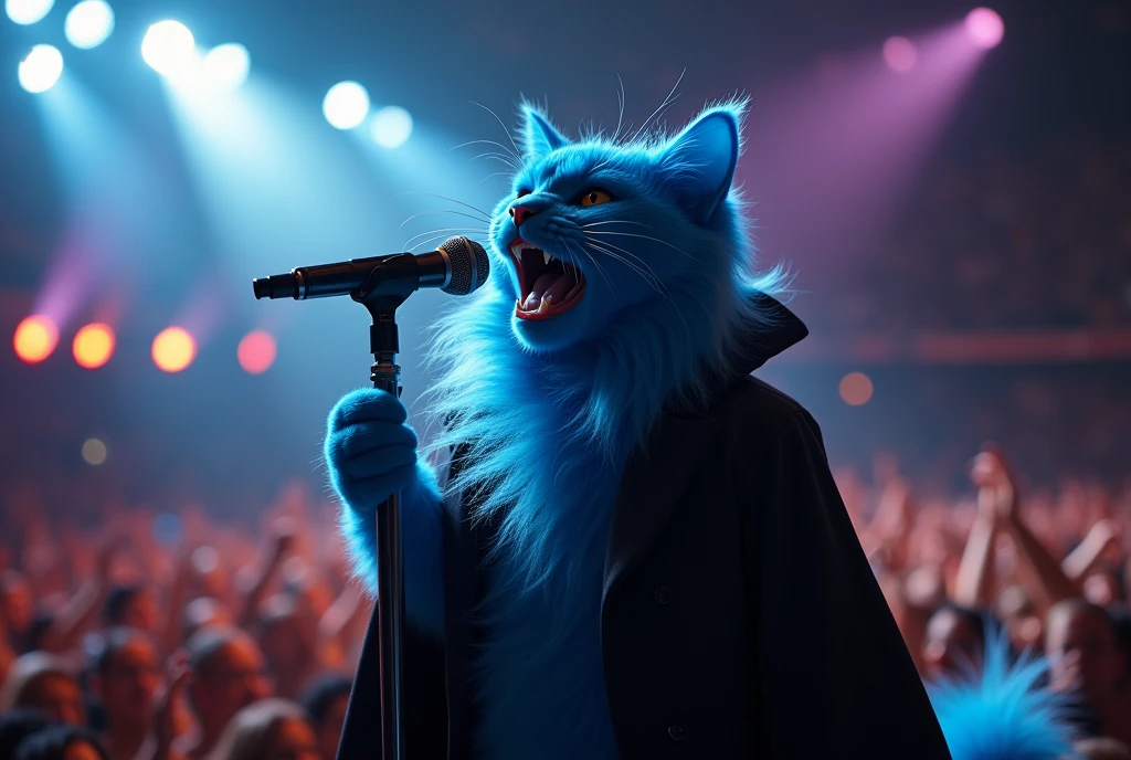 blue cat, on the stage, cinematic angle, wearing black coat, blue hair, singing , microphone, rock concert, rock festival, screaming, singing, from above