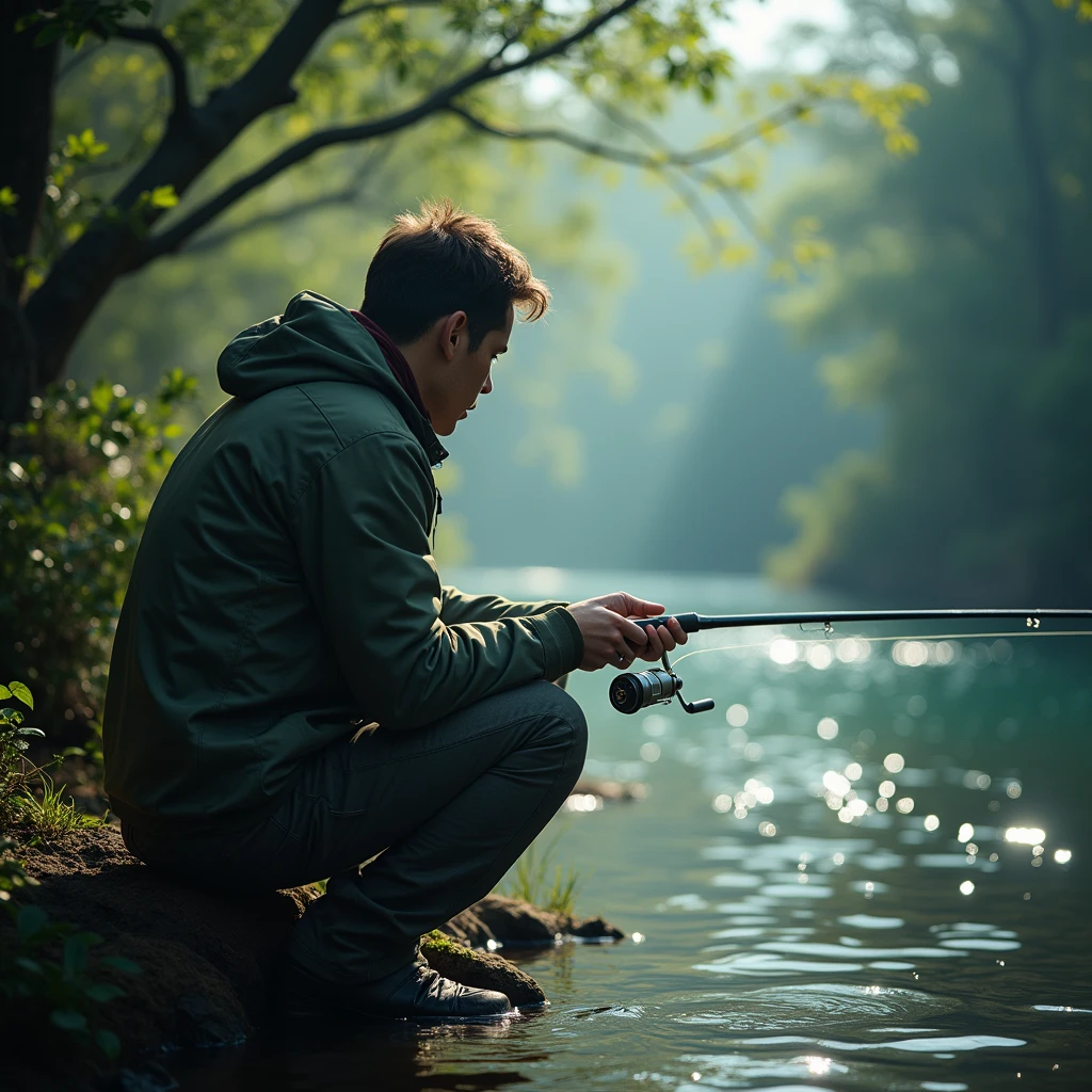 A angler experiences the fun of fishing on a small island. Beautiful cinematic lighting, surreal, color graded, dynamic movement, captivating chiaroscuro, full body, award-winning, cinematic still, emotional, vignette, dynamic, vivid, (masterpiece, best quality, photorealistic, Professional, perfect composition, very aesthetic, absurdres, ultra-detailed, intricate details:1.3)