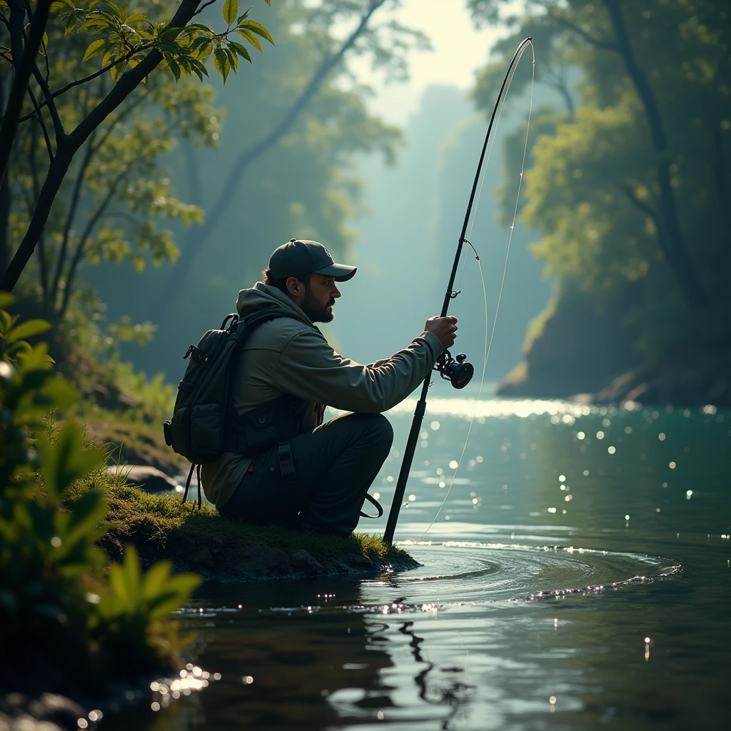 A angler experiences the fun of fishing on a small island. Beautiful cinematic lighting, surreal, color graded, dynamic movement, captivating chiaroscuro, full body, award-winning, cinematic still, emotional, vignette, dynamic, vivid, (masterpiece, best quality, photorealistic, Professional, perfect composition, very aesthetic, absurdres, ultra-detailed, intricate details:1.3)