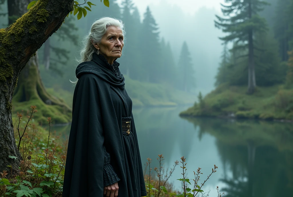 (Dark magic:1.2), (Grim:1.1) forest, springtime，A stuning old woman stands in the Alps, (Intricate details), A mirror-like lake，(ultra - detailed), 8k hdr, high detal, A lot of detail, High quality,Tyndall effect， (Colored:1.5)