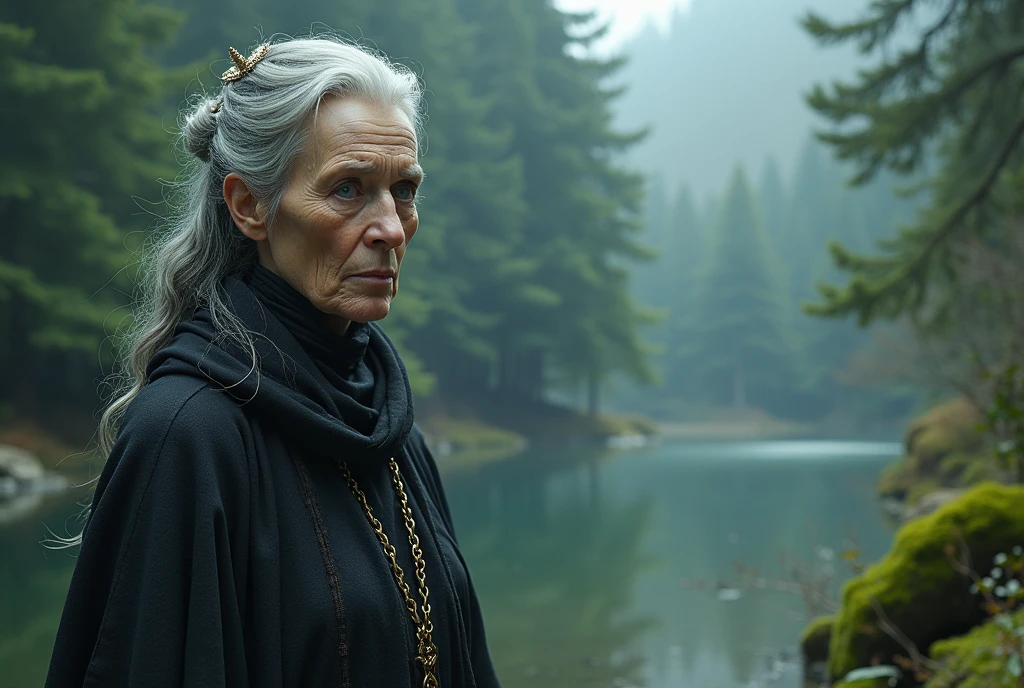 (Dark magic:1.2), (Grim:1.1) forest, springtime,A stuning old woman stands in the Alps, (Intricate details), A mirror-like lake,(ultra - detailed), 8k hdr, high detal, A lot of detail, High quality,Tyndall effect, (Colored:1.5)
