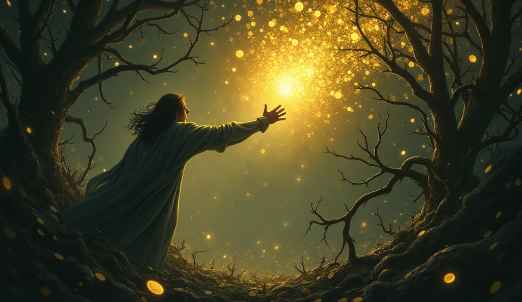 "A person reaching out for golden coins, while thorny vines wrap around their arms, choking their light, ar 16:9"