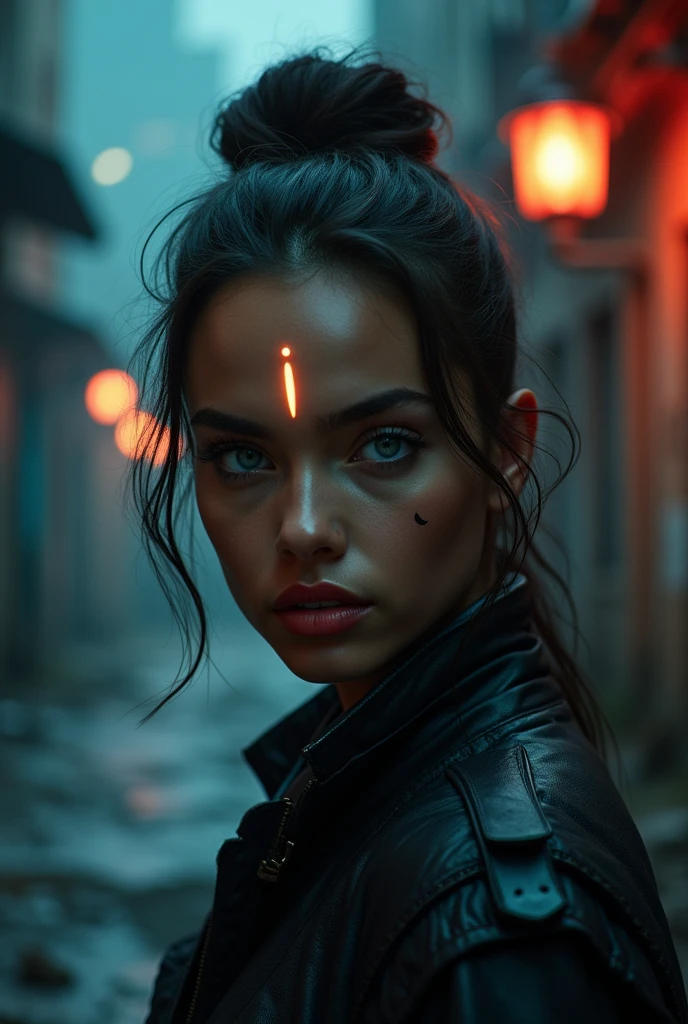 A close-up, straight-on shot of a young woman of color, her glowing blue eyes staring intently at the viewer. She has medium breasts and a single hair bun at the top of her head, with a few stray strands framing her face. Her pursed lips are painted a deep red to match the glow of her futuristic forehead jewel. Her skin is a warm, earthy brown, marked by a small crescent moon-shaped birthmark on her right cheek. She stands in stark contrast to the dark, gritty alleyway behind her, illuminated by the moody backlighting of a lone streetlamp. The film grain is heavy, adding to the scene's noir feel, and the overall color grading is cool, with a hint of magenta to emphasize the blue glow from her eyes and forehead. The dirty, wet ground beneath her boots is a dark grey, reflecting the distant, dull orange glow of a futuristic city skyline.