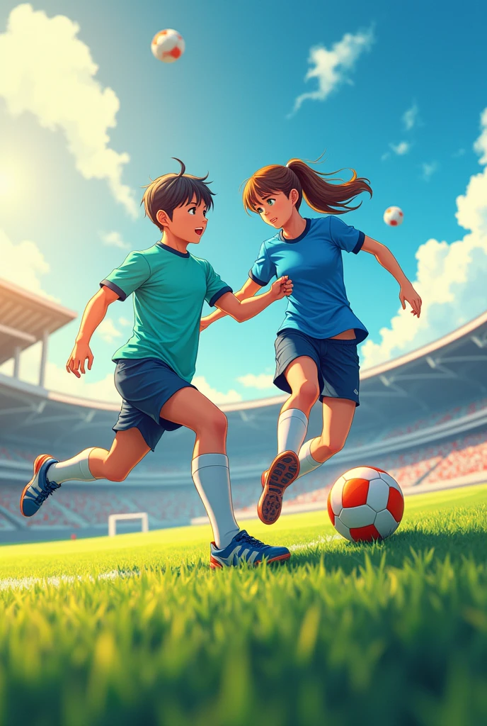 "Create a realistic anime-style poster background featuring two athletes, a male and a female, in dynamic poses for volleyball and soccer. The setting should be a bright and illuminated football field, with a style inspired by anime but realistic. The athletes should wear uniforms in electric blue and vibrant aqua green that stand out against the sunny day. Ensure that the characters have lighter skin tones and are illuminated from the front, in addition to the natural sunlight, to make them stand out. The background should be dynamic yet refined, with a clean and polished look. Incorporate subtle chess elements, such as a faint silhouette of a pawn or queen, integrated into the background. Use bright and vivid secondary colors like vibrant blue, intense yellow, reds, and golds to make the scene fresh, attractive, and eye-catching. Leave some space in the design for placing a title and text paragraphs, and maintain an overall elegant and professional appearance suitable for an educational institution."