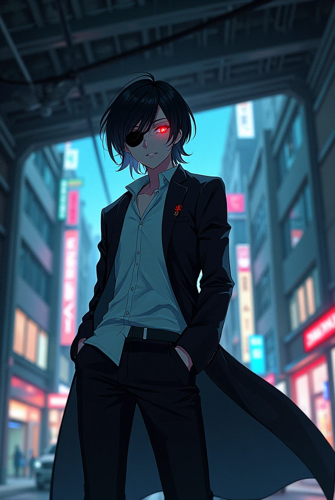 Japanese anime panel: a young man with medium hair, cor preto, an eye patch on the left side, red colored eye, white shirt with a black cyberpunk style overcoat, he is under a sidewalk, in the middle of a city