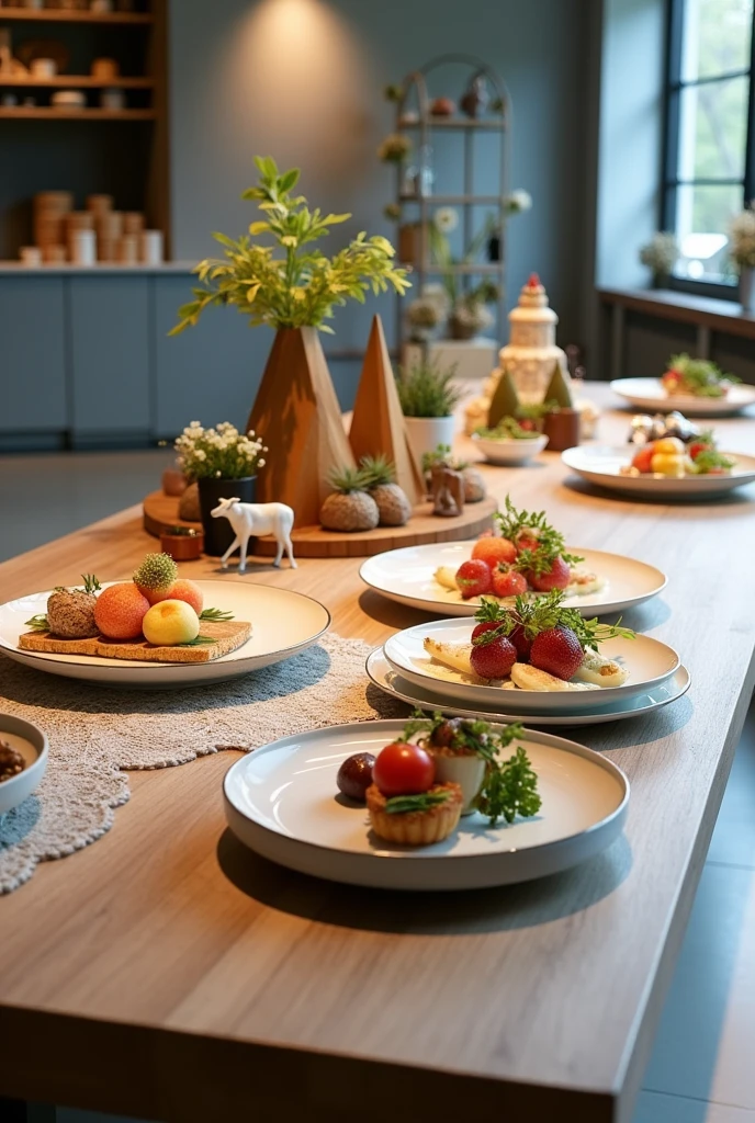 I want you to make me a position (mesa) Square, long for an exhibition, This table should contain elements related to Switzerland, On that table there will be 4 dishes presented, a little more decoration Switzerland decoration