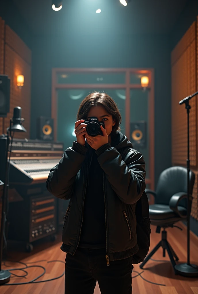 Create a realistic image of a person taking a photo to indicate that they are in a music recording studio