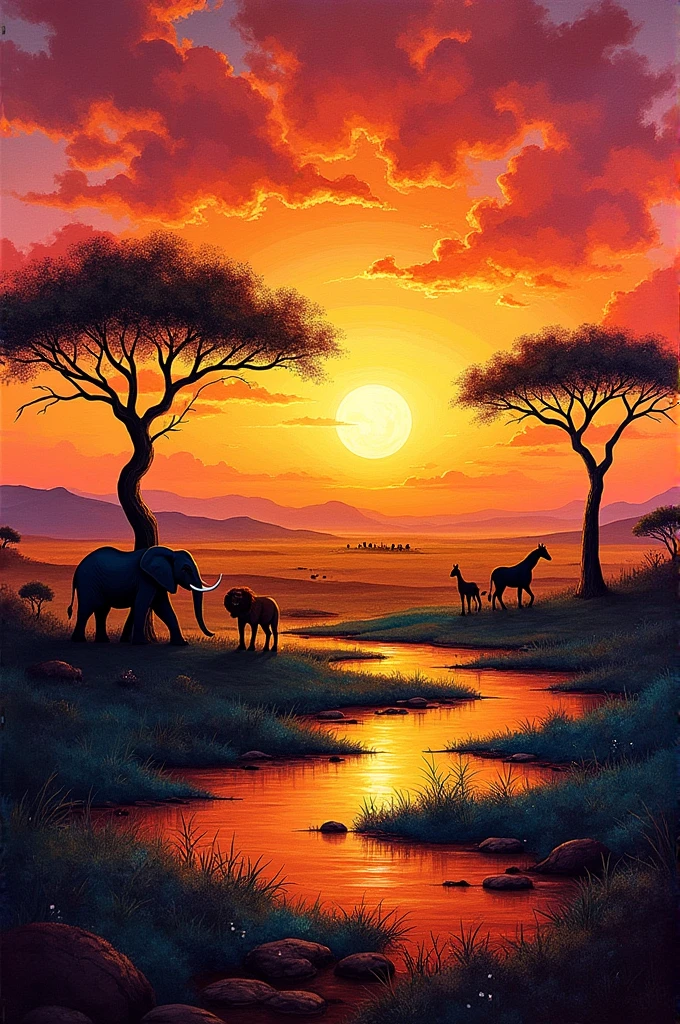 sunset in the African savannah in abstract style, intense and vibrant colors multi-detailed,