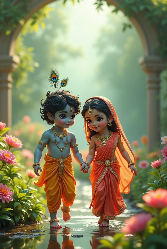 Goddess Radha and Lord Krishna as childs playing in the garden , Indian God, 8K render, facing towards the viewers