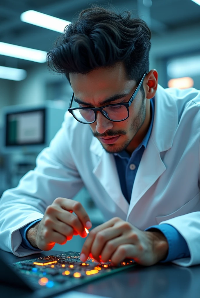 Brazilian man 30 years old, blackquality hair, Eyeglasses, white labcoat, futuristic laboratory, creating chip.