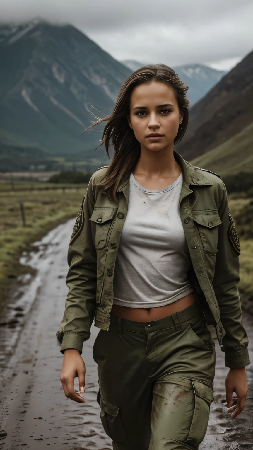 Foto hiperrealista en primer plano de 20 years old Alicia Vikander, masterpiece, best quality, (photorealistic:1.4), full body, she is dirty, wear dirty green army uniform (dirty jacket over white t-shirt, dirty tactical pants), dirty clothes with stains, Depict an empty road, mountains in the background, a rainy day, a muddy road in the rugged style of the game's concept art. This work should evoke a sense of abandonment and despair in a futuristic, post-apocalyptic world. Notice the intricacies of detail, the sharp focus, grey sky, cinematic light, beautiful woman, skinny, medium breasts, straight dark blond hair, detailed face, photo taken from a distance, she is running very fast