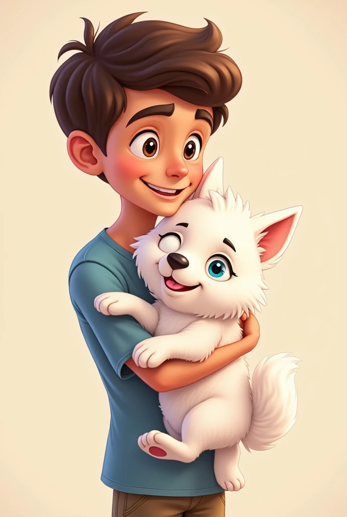 Create a Disney-style cartoon image of a young man (no child) brown with somewhat drooping eyes hugging a small totally WHITE husky with blue eyes on a beige background That same image but make the white husky without any other color
