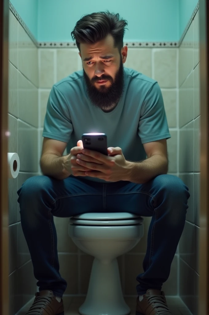 man with Beard, 26-year-old sits strained on the toilet and is on the cell phone