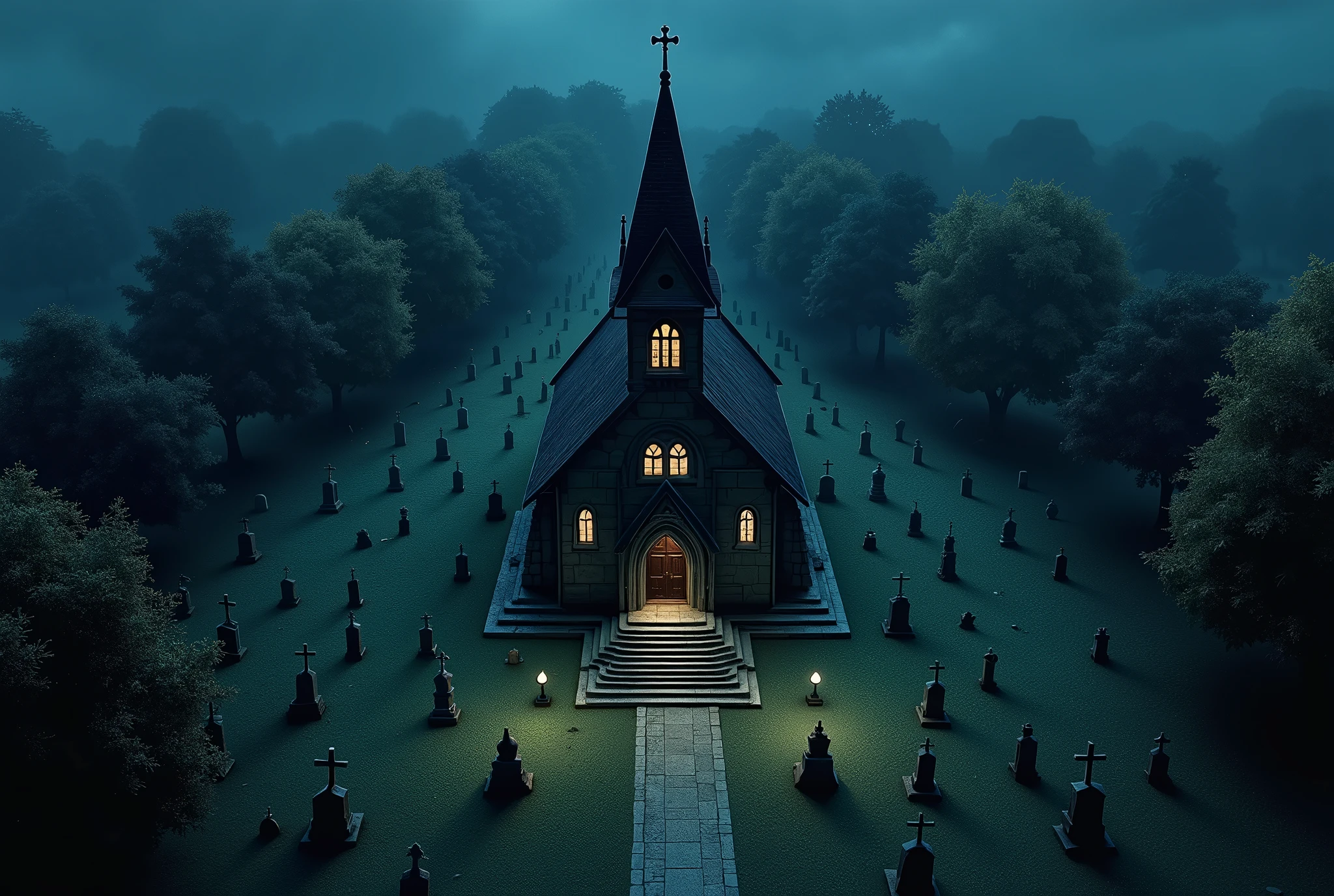 vampire the masquerade, map rpg, ((a church, in a cemetery, many graves, on a small hill,)), game art, birdseye straight top-down shot from a drone, battlemap, current modern theme, seen from above, role-playing game, empty location, nighttime environment, (with realistic proportions and textures, intricate details, handdrawn, vibrant, cinematic lighting, masterpiece, 8k:1.2)