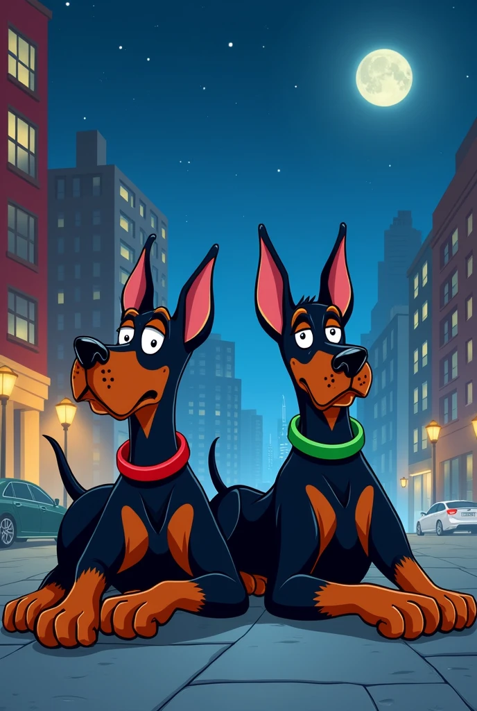 I want a Disney-style cartoon drawing where a Doberman dog with a red collar is lying next to an angry-looking Doberman dog with a green collar., with a background of a city at night