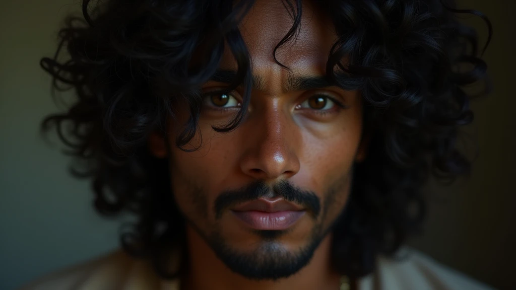 a beautiful mysterious indian man, intricate detailed face, piercing eyes, long eyelashes, delicate skin, natural beauty, flowing hair, candid elegant pose, dramatic lighting, cinematic mood, muted color palette, chiaroscuro lighting, high quality, photorealistic, 8k, intricate details, professional rendering