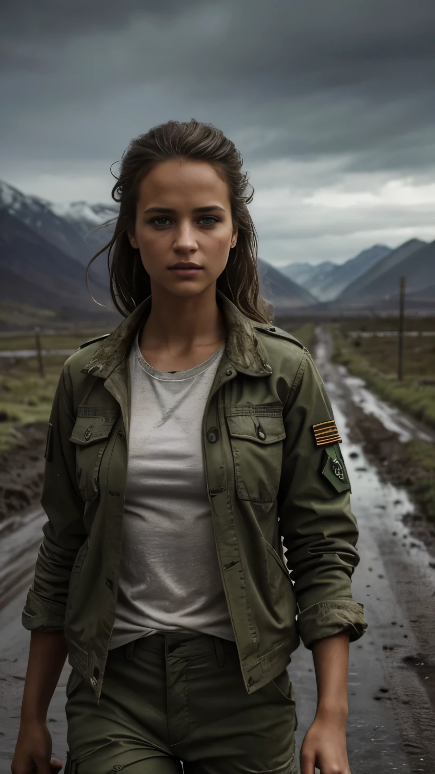 Foto hiperrealista en primer plano de 20 years old Alicia Vikander, masterpiece, best quality, (photorealistic:1.4), full body, she is dirty, wear dirty green army uniform (dirty jacket over white t-shirt, dirty tactical pants), dirty clothes with stains, Depict an empty road, mountains in the background, a rainy day, a muddy road in the rugged style of the game's concept art. This work should evoke a sense of abandonment and despair in a futuristic, post-apocalyptic world. Notice the intricacies of detail, the sharp focus, grey sky, cinematic light, beautiful woman, skinny, medium breasts, straight dark blond hair, detailed face, photo taken from a distance
