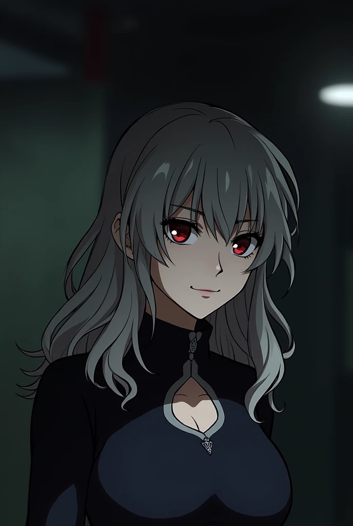 A woman of striking presence, with medium-length white hair that falls in soft waves around her face. His eyes are a deep crimson red, expression is serene