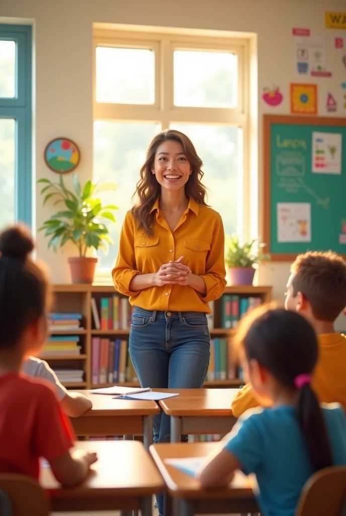 A happy teacher in the classroom