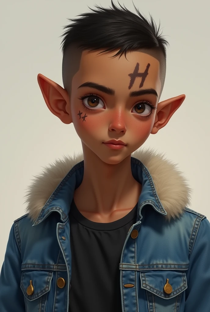 Slim around 16,wide ears,with buzzcut and denim top with furr, with black t-shirt under it, brown skin tone looking forward with 1 scar on the forehead
