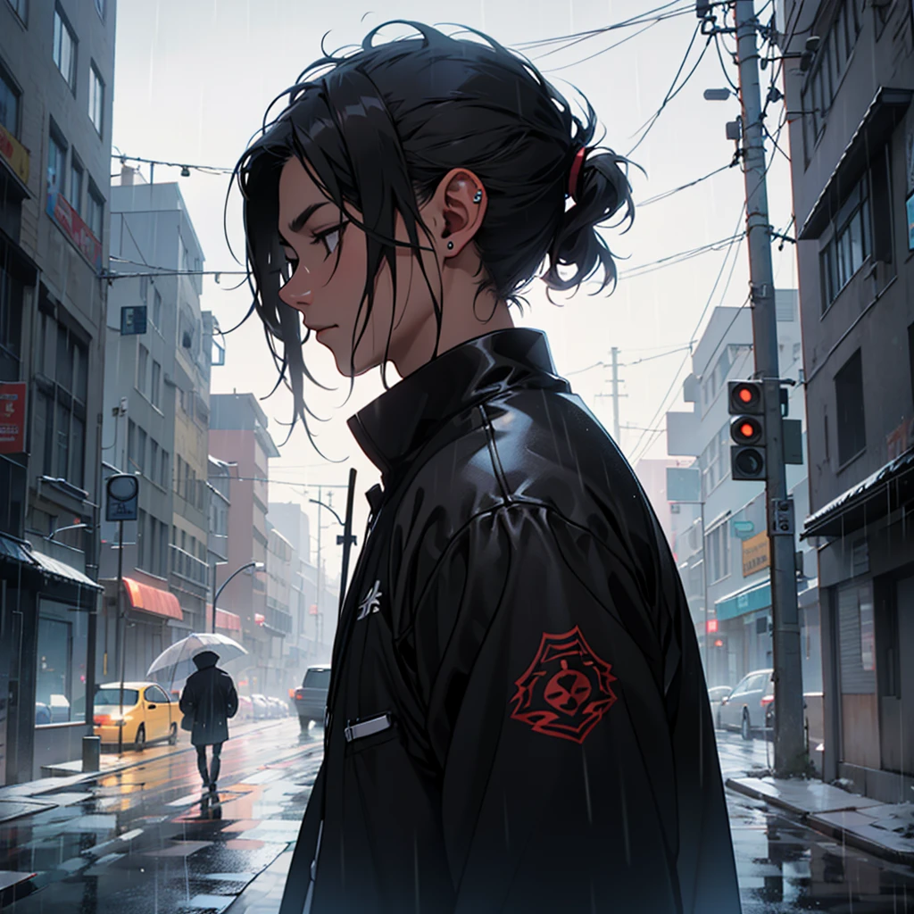 Create an avatar of a guy listening to music in the rain with a black background, side view