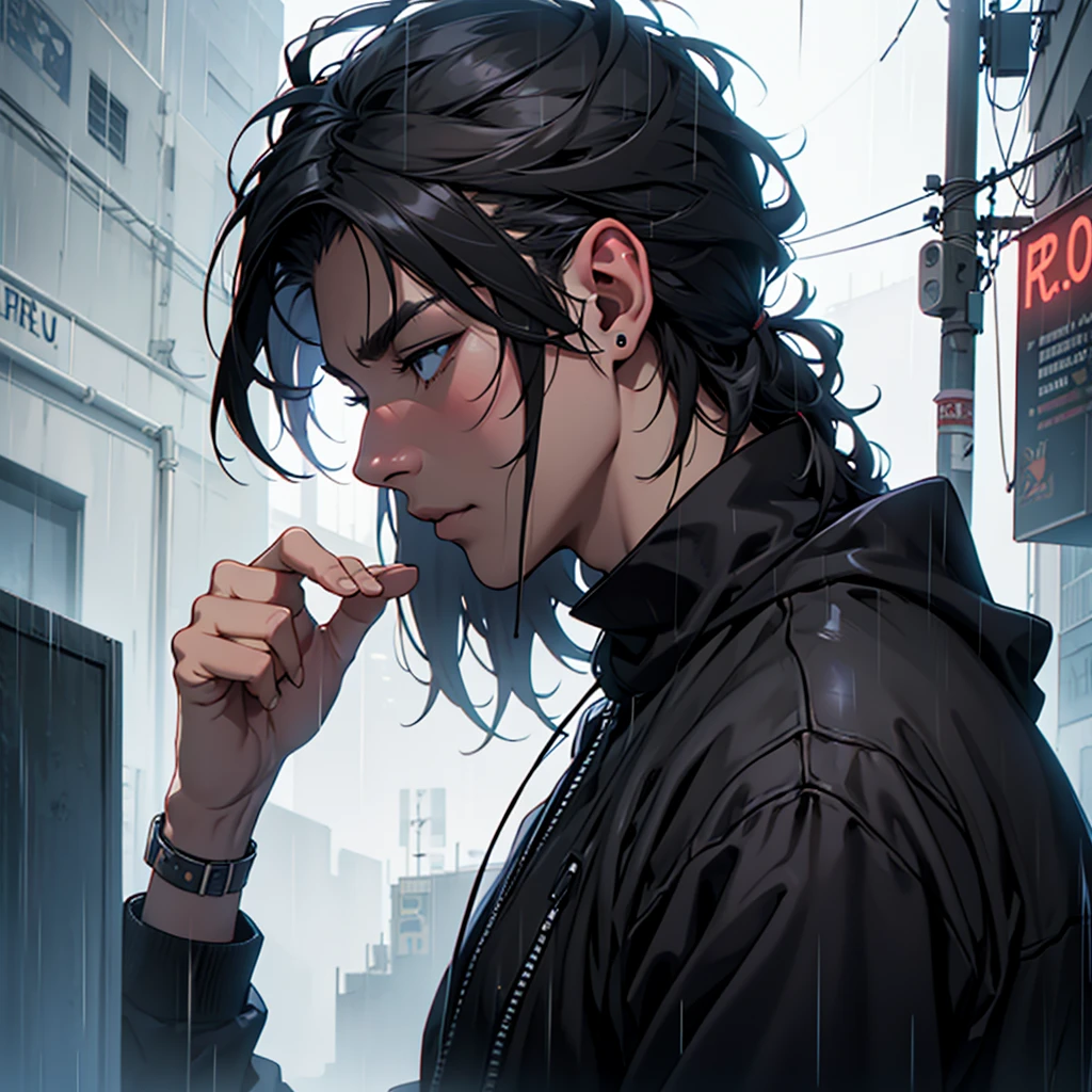 Create an avatar of a guy listening to music in the rain with a black background, side view