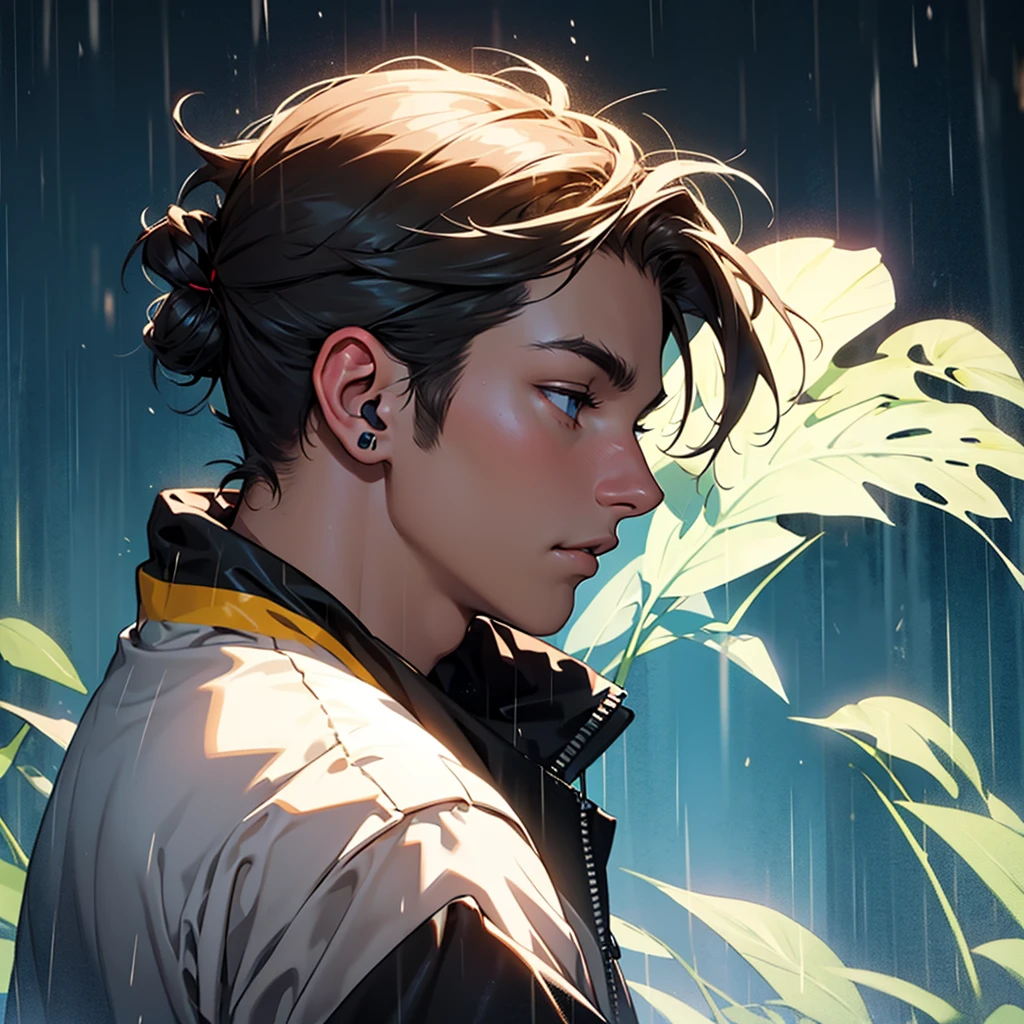 Create an avatar of a guy listening to music in the rain with a black background, side view