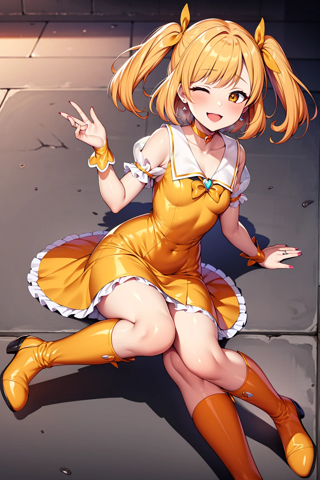 Cure Pine, Pretty Cure, (One side up), short hair, Hair Ribbon, Frills, Short sleeve, Wrist cuff, Orange Choker, Orange boots, Yellow Skirt,, corruption, Hollow Eyes, Half-closed eyes, Wicked Smile, No students, Crazy Smile, Open your mouth, one person&#39;s, Mature Woman, Married women, (Dark Magical Girl), Dark Theme, Dark person