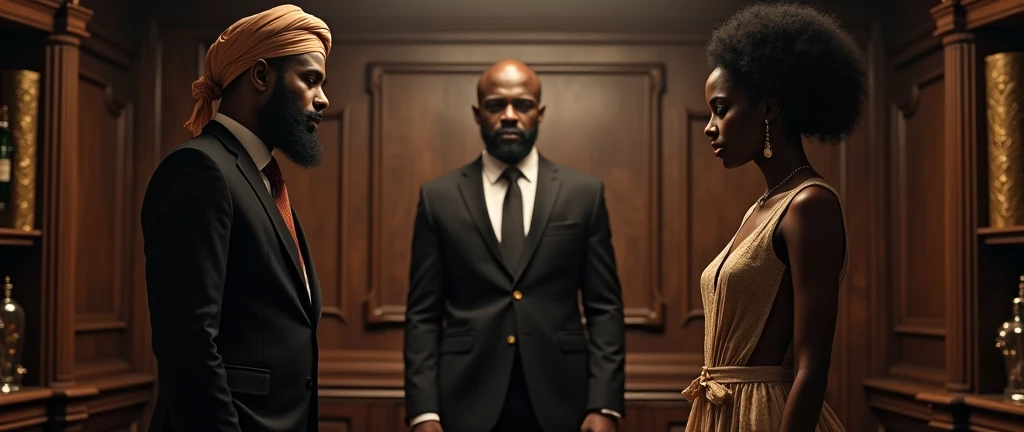 one muslim man with a turban and a jamaican man and an african queen standing and talking to someone out of the frame at an office in style of the godfather movies,