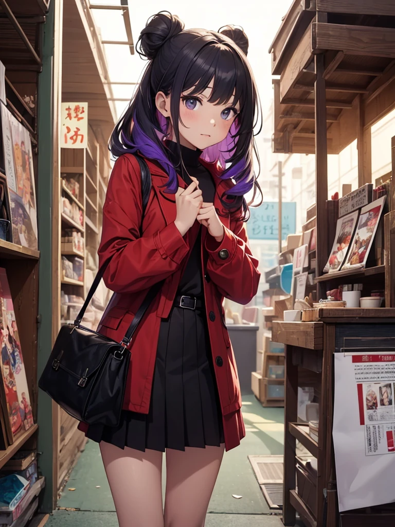 girl watching a movie、indoor(1:2)、early spring fashion、red coat、black tight skirt、Purple and white mixed hair color、surreal japanese portrait,Works それ influenced Antonio Lopez&#39;technology, Close zipper, perfect lighting, (perfect hands, perfect anatomy)、whole body（1:2）、outstanding style,Complete body balance、dynamic acid pose（1:2）、（16:Existence specialized in aspect ratio 9）,hair between eyes、blue、stiletto heels、The angle of view is 5~8、look up