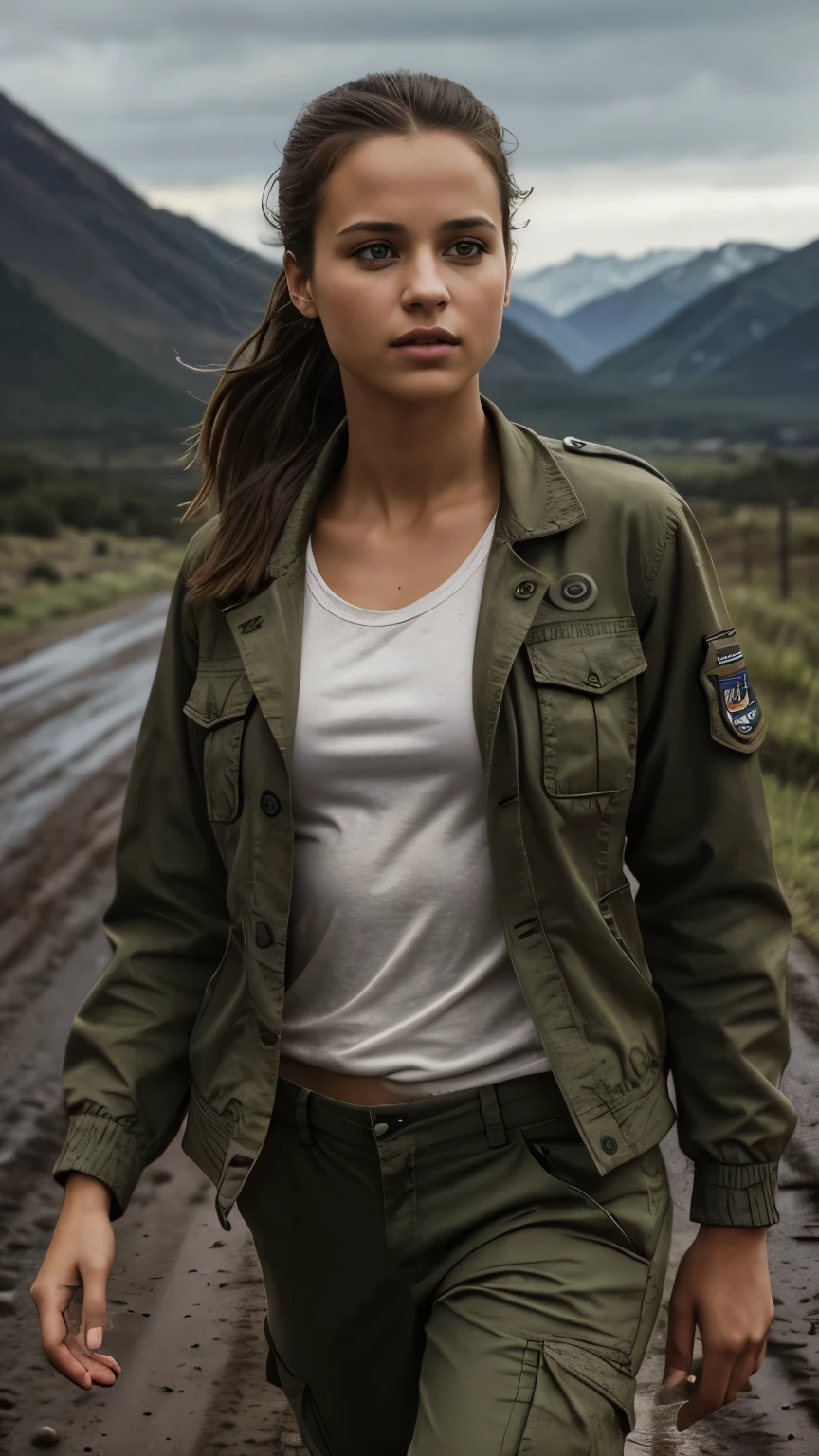 Foto hiperrealista en primer plano de 20 years old Alicia Vikander, masterpiece, best quality, (photorealistic:1.4), full body, she is dirty, wear dirty green army uniform (dirty jacket over white t-shirt, dirty tactical pants), dirty clothes with stains, Depict an empty road, mountains in the background, a rainy day, a muddy road in the rugged style of the game's concept art. This work should evoke a sense of abandonment and despair in a futuristic, post-apocalyptic world. Notice the intricacies of detail, the sharp focus, grey sky, cinematic light, beautiful woman, skinny, medium breasts, straight dark blond hair, detailed face, photo taken from a distance, she is running very fast