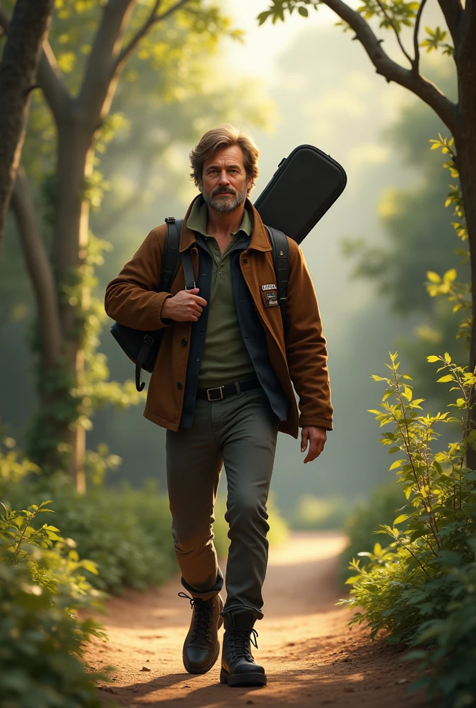 middle aged man, bonitas, chestnut hair, brown jacket, black boot, guitar cover on the back