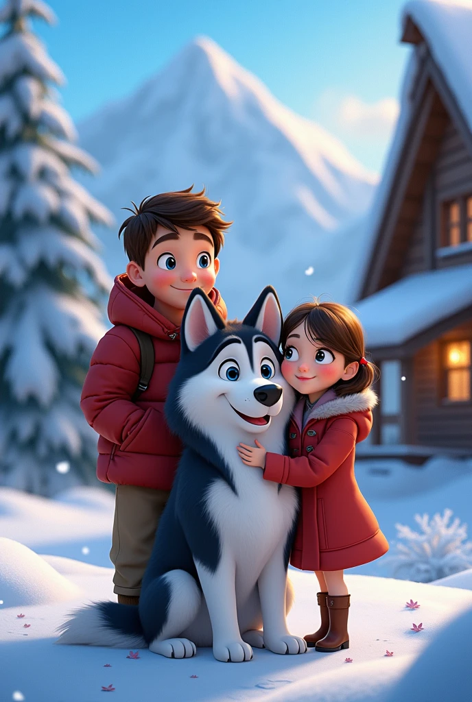 Create a Disney movie poster of a husky dog named Kira with a fat 16-year-old boy and a skinny 11-year-old girl