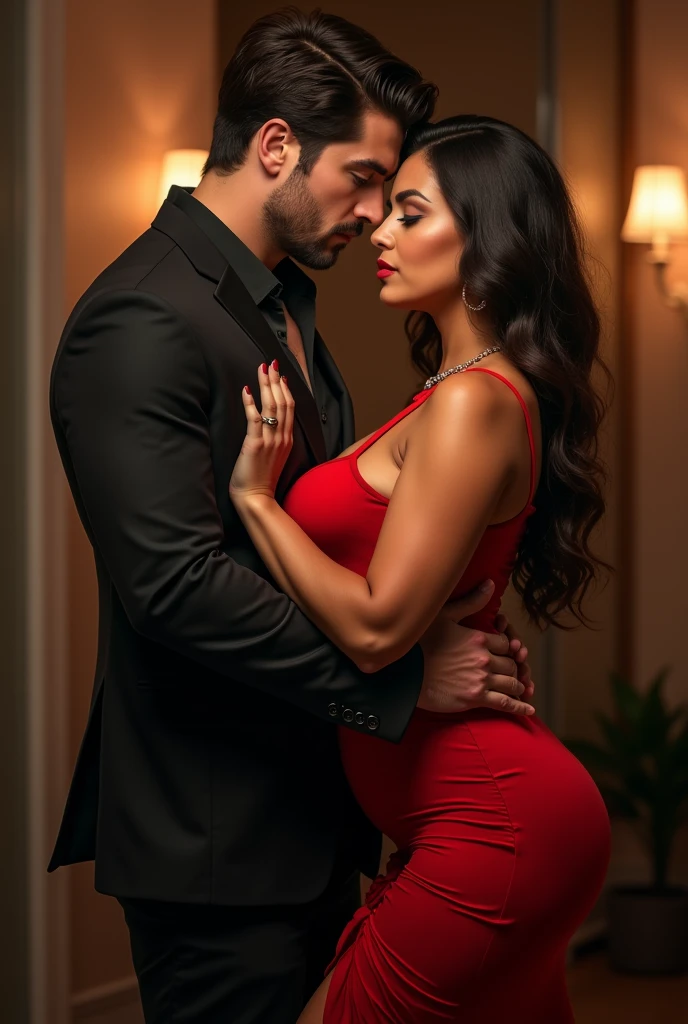 Shirtless sexy husband kissing busty wife in red dress,lip locking, romance, full body,kitchen, vegetable