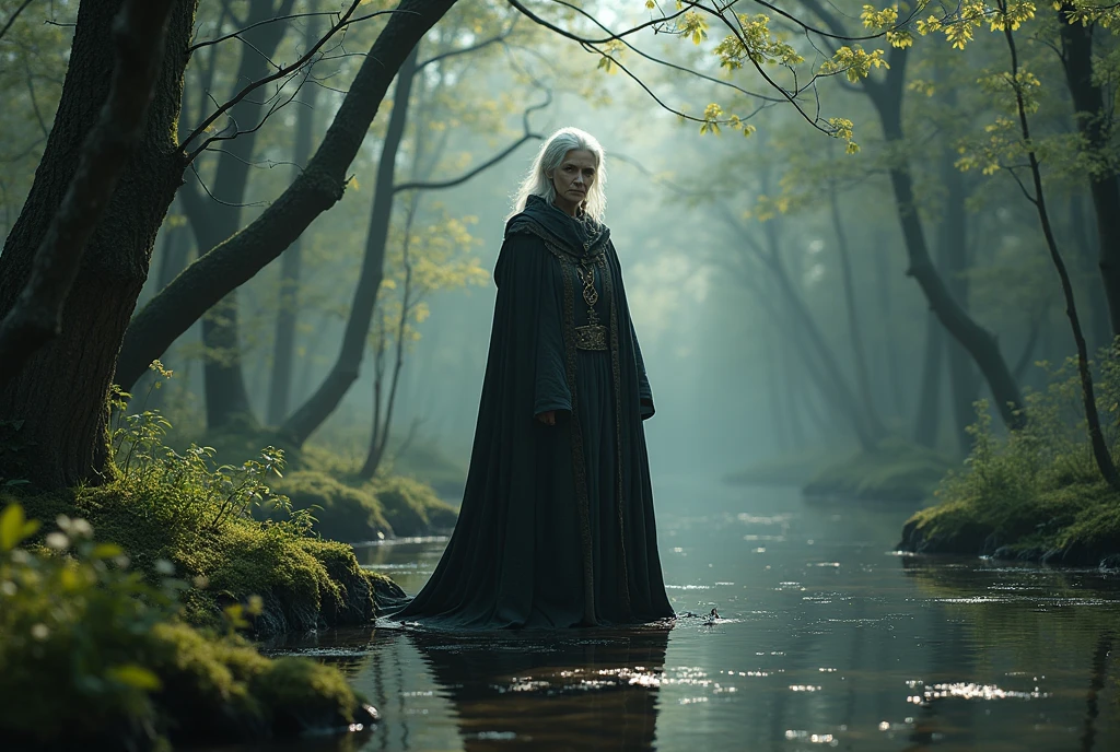 (Dark magic:1.2), (Grim:1.1) forest, springtime,A stuning old woman kelts stands in the Alps, (Intricate details), A mirror-like lake,(ultra - detailed), 8k hdr, high detal, A lot of detail, High quality,Tyndall effect, (Colored:0.7)